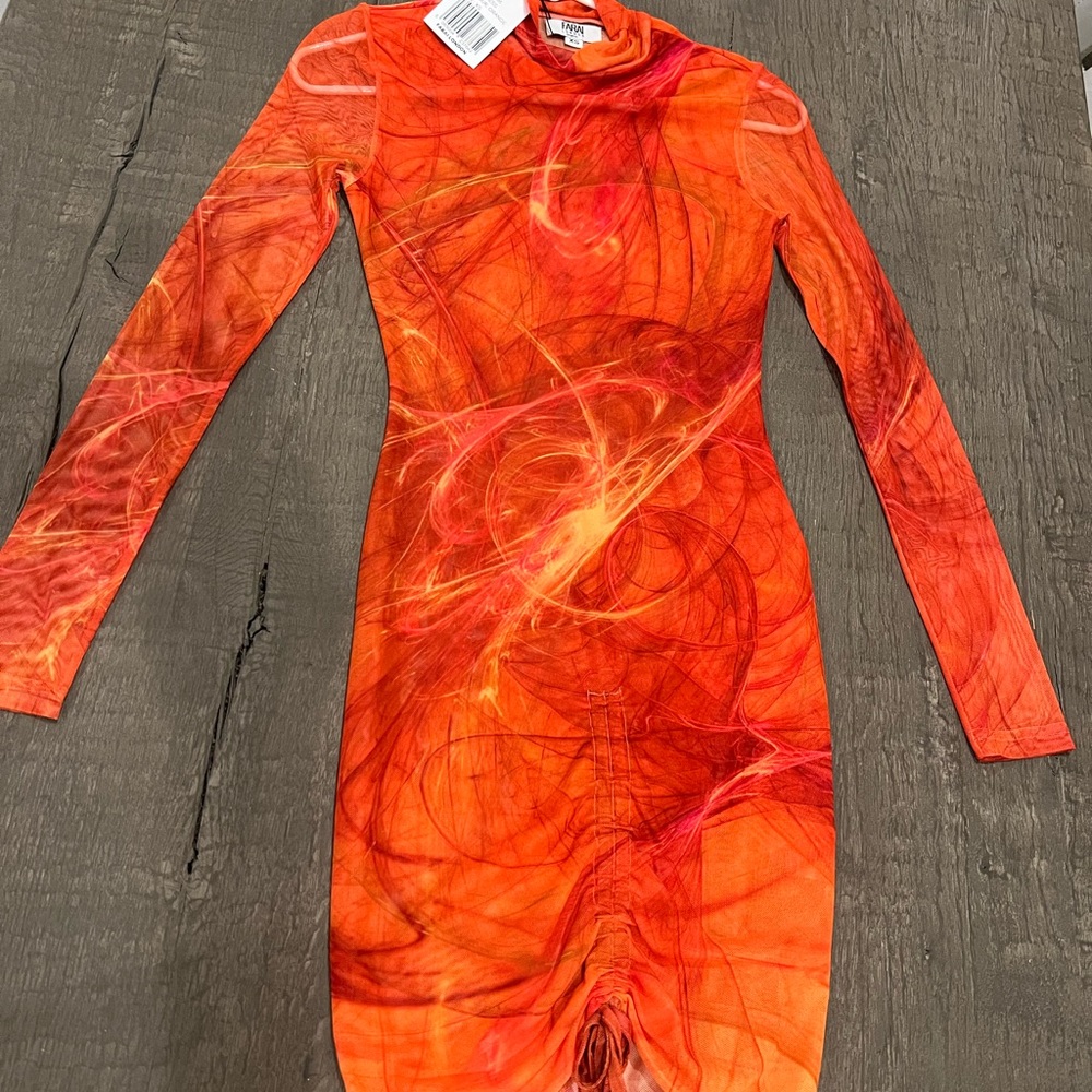 Farai London Fiery Red-Orange Long Sleeve Dress